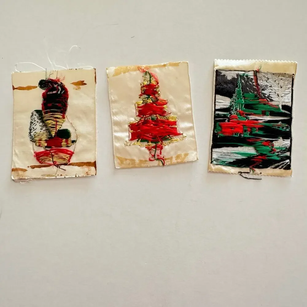 Set 3 Christmas Themed Miniature Warner Artex Silk Woven Jacquard Tapestries